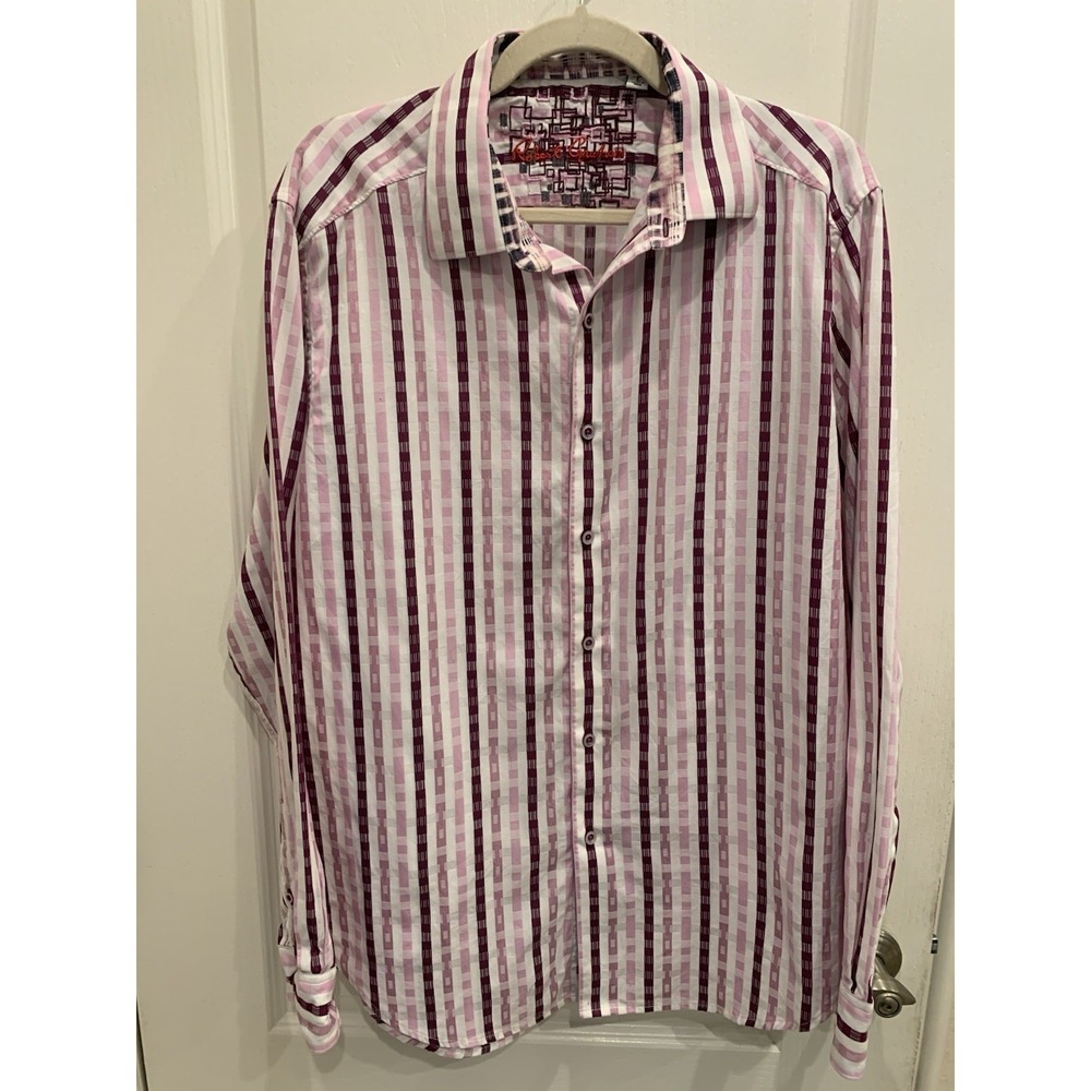 Robert Graham Pink Striped Button Up Shirt Mens Large 100% Cotton Embroidered